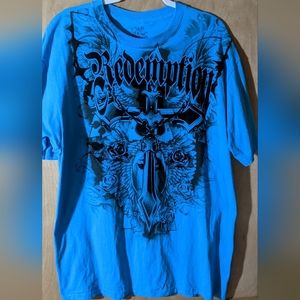 Extra large blue t-shirt double-sided graphic on the front it says redemption